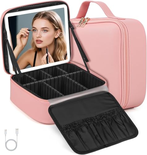 Maleta de Maquiagem com Espelho LED Iluminado, Organizador Portátil, Resistente e Perfeita para Viagens e Uso Diário Beleza, Praticidade e Estilo ao Seu Alcance (Rosa)