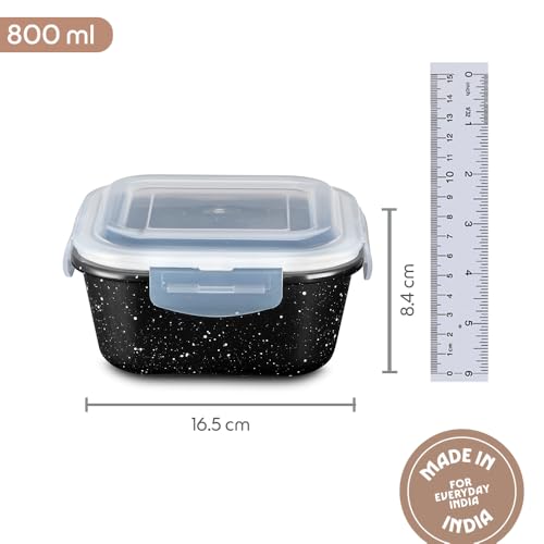 Image of Borosil 800 ml Pebble Black Food Storage Container with Air Tight Lid | Square Shape Borosilicate Glass Organiser | Microwave & Dishwasher Safe | For Fridge, Kitchen Storage