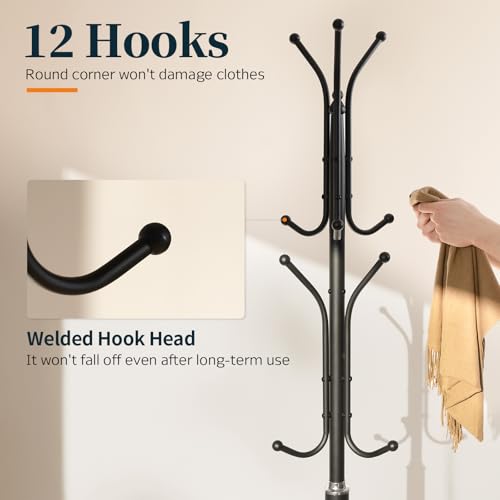 Yoobure Metal Coat Rack Freestanding with Marble Base, Coat Tree with 12 Hooks & Umbrella Holder, Coat Hanger Stand for Corner Entryway Bedroom Office, Heavy Duty Coat Rack Stand for Clothes Hats Bags - Image 5