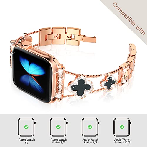 Image of Musk-MSKR Diamond Metal Bands Add Sparkle to Your Watch For Apple Watch Series 11 /10 /9 /8 /7 /6 /5 /4 /3 /2 /SE /Ultra Clover Simple and Stylish Compatible with 38mm40mm41mm42mm44mm45mm 46mm49mm Women's Wear