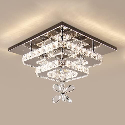 Zswanbei Modern LED Ceiling Light 2 Layers Square Chandelier Stainless Steel Flush Mount Crystal Lighting Fixtures for Bedroom Kitchen Hallway Staircase Closet (Changeable Color)