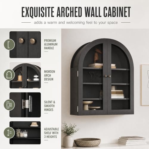 Liyaxenug Arched Wall Cabinet, Bathroom Medicine Cabinet with Clear Acrylic Doors and Adjustable Shelves, Wall Mounted Storage Organizer for Over Toilet, Kitchen, Living Room, Black - Image 4