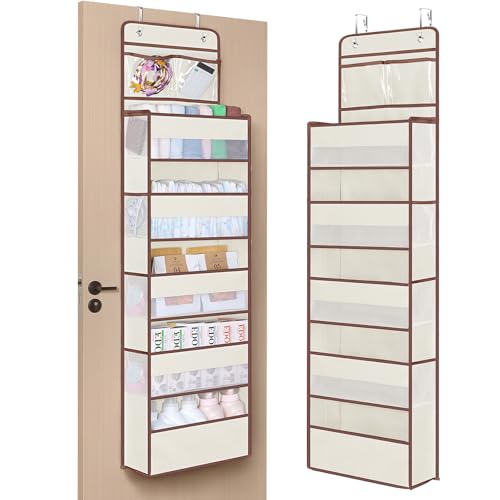 Image of Univivi Over The Door Organizer - Wall Mount Hanging Organizer with 5 Large Compartments, 2 Small PVC Pockets and 8 Mesh Side Pockets for Cosmetics, Toys and Sundries (Beige)