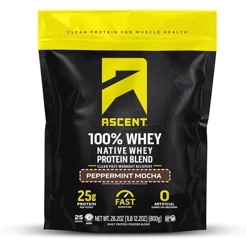 Image of Ascent 100% Whey Protein Powder - Post Workout Whey Protein Isolate, Zero Artificial Flavors & Sweeteners, Gluten Free, 5.5g BCAA, 2.6g Leucine, Peppermint Mocha 1.7 lb