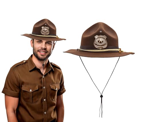 Nicky Bigs Novelties Deluxe State Trooper Highway Patrol Hat Faux Suede Campaign Accessory with Gold Cord & Badge Sheriff, Park Ranger & Mountie Costume for Adults & Cosplay