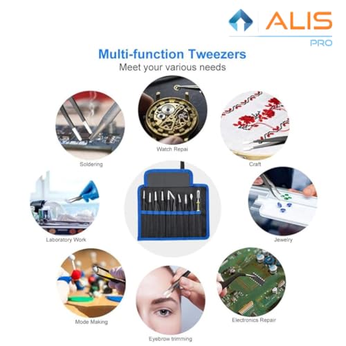 Image of Alis 10 Pcs Precision ESD Tweezer Set Anti-Static Stainless Steel Tweezer kit for Craft, Jewelry, Electronics, Soldering, Repair Work with Storage Kit Bag