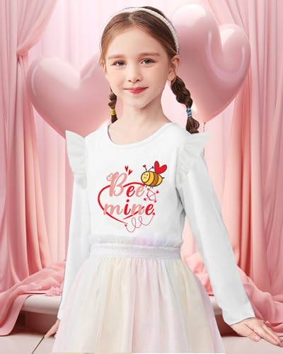 Image of Tkria Valentine Girl Shirt Love Heart Bees Dinosaurs Kisses and Hugs Ruffle Long Sleeve Tee Top 1-7 Years