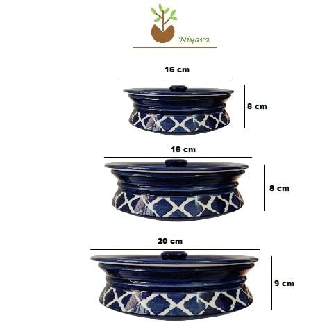 Image of Niyara Premium Handcrafted Ceramic Casserole /Donga Set with Lids | Serving Bowls for Hot Food | Microwave & Dishwasher Safe | Set of 3 (1000ML, 650ML, 550ML) | Moroccan Blue