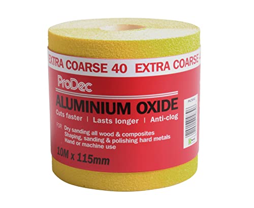 ProDec 10m Roll 40 Grit Extra Coarse Grade Yellow Aluminium Oxide Abrasive Sanding Paper for Sanding Wood, Paint, Plaster, Filler, Metal and More, 115mm Wide Sandpaper Compatible with Machine Sanders