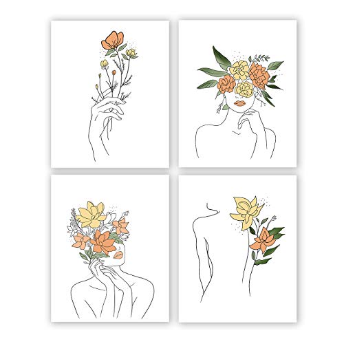 Minimalist Women Flower Wall Art Print-- Dressing Room or Girls Bedroom Decor--Fashion Women Rose Minimal Line Canvas Print ( Set of 4 )--Unframed--8X10 inch