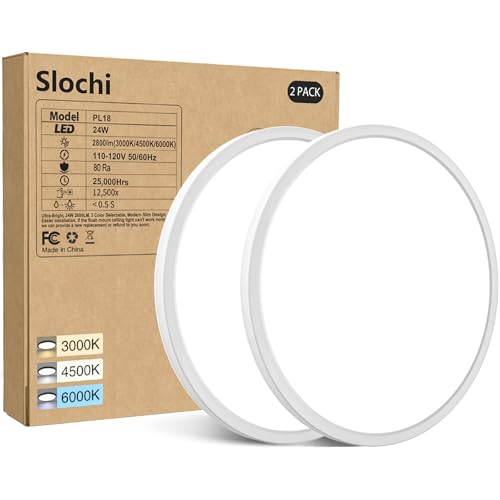 slochi 2PACK LED Flush Mount Ceiling Light Fixture, 9Inch 18W LED Light, 3000K/4500K/6000K 3 Color Adjustable Round Light Low Profile Ceiling Light Fixtures for Kitchen Bedroom,White