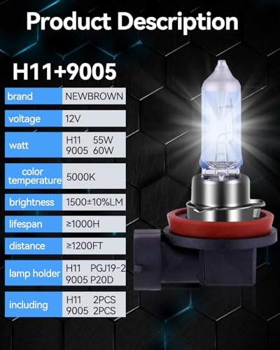 Image of NEWBROWN H11 & 9005 /HB3 Headlight Bulbs Combo, 5000K Super White Light Long Life Replacement Halogen Headlight Bulb (H11 & 9005, 4 Pack)