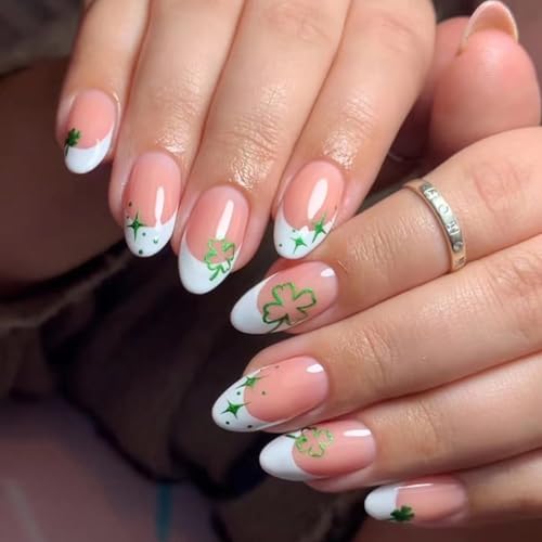 St. Patrick's Day Press on Nails with Glitter Clover Design French Tip Fake Nails Shamrock Full Cover Green Leaf False Nail Glossy Clover Glue on Static Nails for Women Irish National Day DIY Manicure