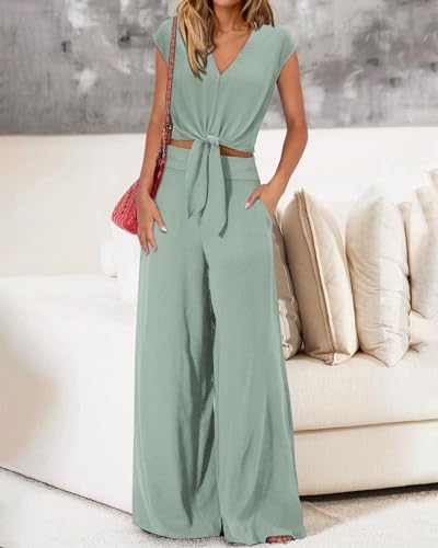 Image of PRETTYGARDEN Women's Summer 2 Piece Outfits 2026 Cap Sleeve V Neck Belted Crop Tops Wide Leg Pant Sets Casual Tracksuit