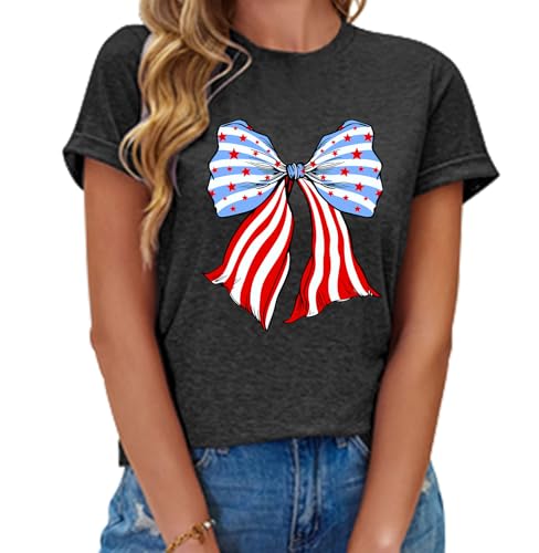 Image of 4th of July Shirts Women USA Shirt Patriotic T Shirt American Flag Shirt Bow Holiday Vacation Casual Outfit