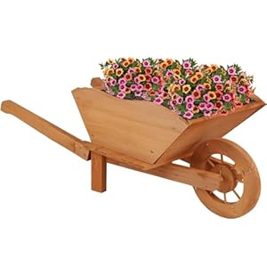 PaMeer Wooden Wheelbarrow Planter – Heavy Duty Large Garden Ornaments, Rustic Outdoor Plant Pots, Large Garden Ornament & Outdoor Flower Pot, Garden Decor Wooden Plant Stand (L73 x W28 x H31 cm)