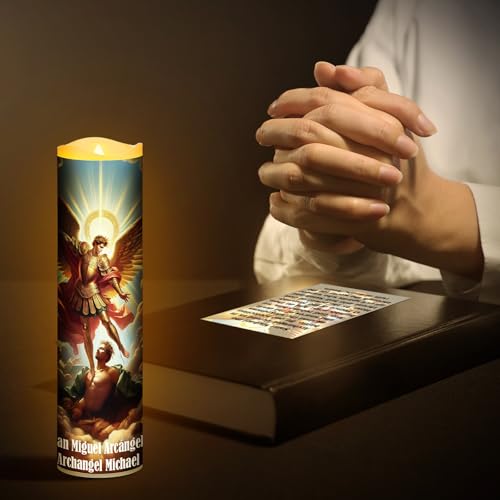 Catholic Prayer Candle and Card Set 8" LED Flameless Prayer Candle Devotional Religious Card Decoration Gifts for Easter Passover Halloween Christmas Activities(St. Micheal)