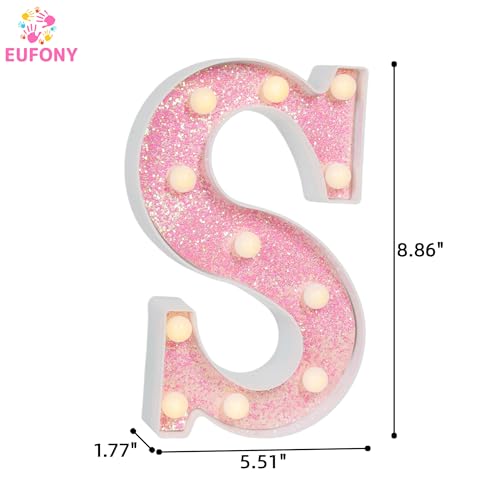 Image of Pink Glitter Marquee Light Up Letters, Battery Operated LED Letter Lights Signs for Pink Birthday Party Table Decorations, Wall Decor for Girls Bedroom, Initial Letter S with Warm White Lights