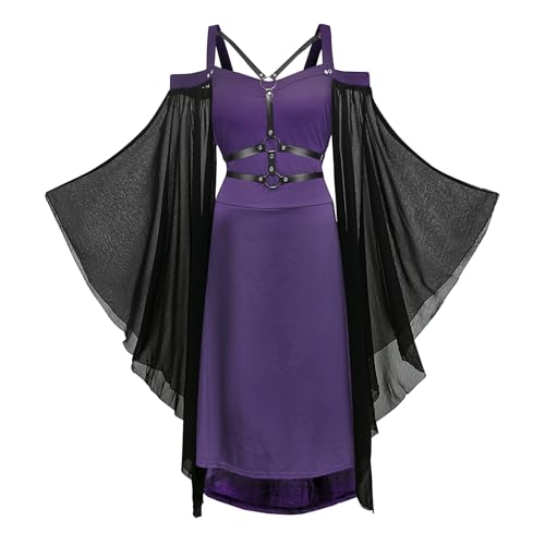 YRTBGD Vestido gótico para mujer, vintage, negro, medieval, con mangas de trompeta, cintura anudada, disfraz de Halloween y carnaval (morado, XL)