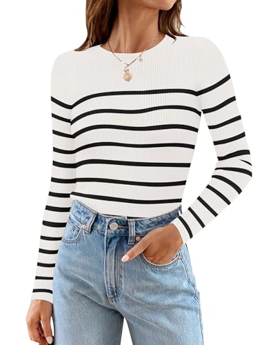 ZESICA Women's Long Sleeve Crewneck Striped Shirts Spring Ribbed Knit Sweater Slim Fitted Casual Basic Tee Tops