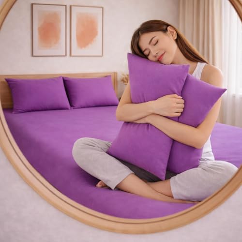 Image of THE HOME STYLE Solid Plain Cotton Feel Fitted Bedsheet (72x78 inches) with Reversible Comforter (90x100 inches) | King Size | 2 Pillow Covers | 300 TC | 4-Piece Bedding Set (Plum)