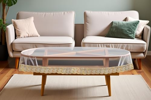 Image of The Furnishing Tree Oval Shaped Center Transparent Table Cover WxL 40x60 inches 0.25 mm Thickness with Golden Lace