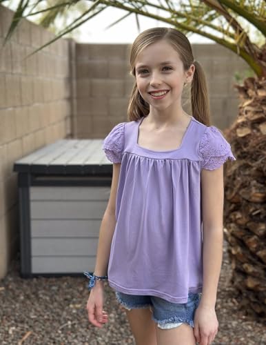 Image of Arshiner Girls Shirts Short Sleeve Square Neck Summer Lace Openwork Pleated Tops Blouse Tunic