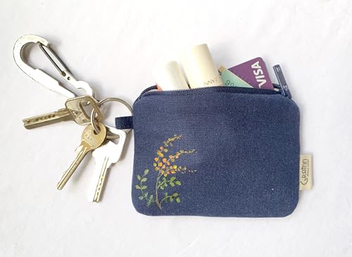 GRAIN HANDMADE, Floral hand drawing little wallet, Linen Little purse, Fabric zipper purse, Linen card purse, Mini coin wallet, Treval mini wallet (Charcoal green)3