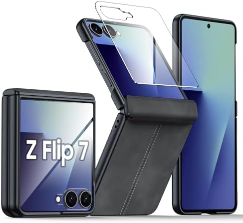 for Samsung Galaxy Z Flip 7 Case with Hinge Protection & Built-in Screen Protector, Ultra Thin Stylish Leather Matte PC Durable Shockproof Cover Phone Case for Galaxy Z Flip 7-Black Gray