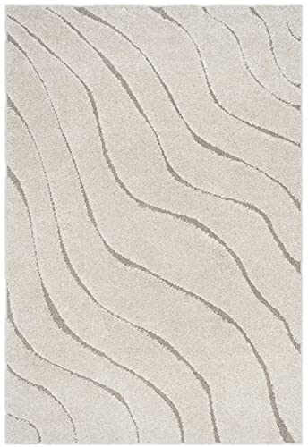 Image of Abstract Wavy Design Shaggy Rectangular Carpet For Living Room,Bedroom,High Low Design Finish Microfiber 1.8 Inch Pile High,5X7 Feet Cream|Beige Color