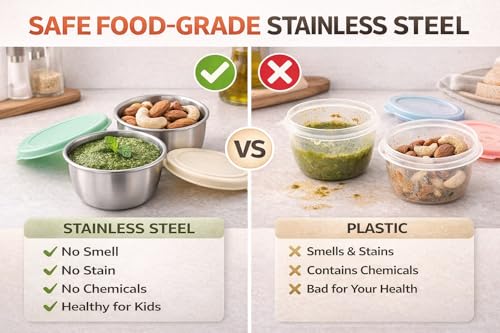 Image of Stainless Steel Mini Storage Containers with Lid (Pack of 4, 80 ml) Leak-Proof Small Round Sauce & Chutney Cups for Kids Tiffin, Lunch Box, Salad Dressing, Snacks, Travel Food Container