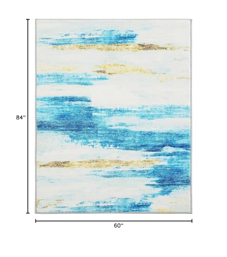 Carvapet 5x7 Large Rugs for Living Room Bedroom, Washable Blue Modern Abstract Low Pile Carpet with Rubber Backing, Foldable, Non Slip Thin Area Rug, Ultra Soft