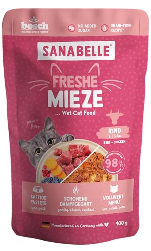 Sanabelle Freshe Mieze – Carne y Pollo | Bolsa de 100 g Totalmente reciclable | Comida húmeda al Vapor para Gatos | Comida para Gatos como recién cocinada | Una Marca de Alimentos para Mascotas Bosch