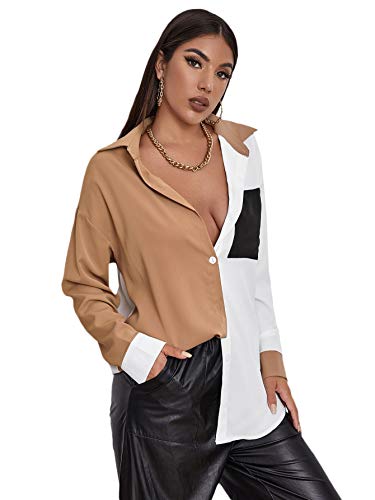 SheIn Women's Color Block Button Down Blouse V Neck Long Sleeve Collar Oversized Shirt Tops - Image 4