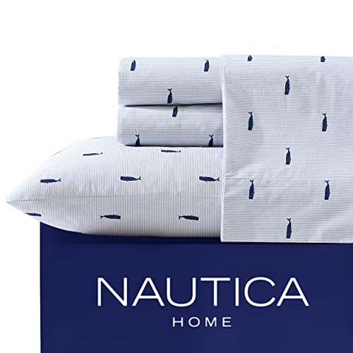 Nautica - Full Size Sheet Set, Crisp Cotton Percale Bedding with Matching Pillowcases, Fully Elastic Fitted Sheet, Deep Pocket, Nautical Room Decor, Breathable All-Season Comfort (Whale Stripe Blue) by Nautica - Used condition - US$33.10