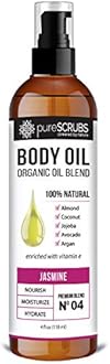 pureSCRUBS Ultra Moisturizing Jasmine Body Oil Spray for Dry Skin, Massage, Cuticles & More - Organic Super Blend of Jojoba, Argan, Coconut, Sweet Almond & Avocado Enriched with Vitamin E, Lg 4oz