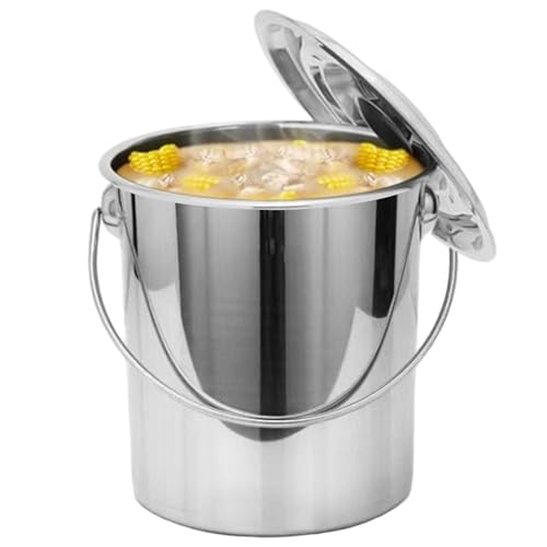 Cubo de Acero Inoxidable 8L Cubo de Metal Redondo a Prueba de Fugas con Tapa ＆ Mango para Alimentos Ayuda de arroz Aceite de Agua Interior, Metal, Acero Inoxidable con Tapa