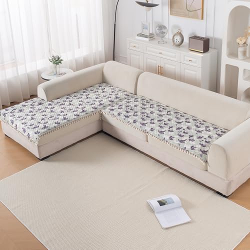Image of HOKIPO Lavender Vine L Shape (3+2 Seater) Sofa Seat Mat with Tassel| Quilted Sofa Cover Mat, 'Tassel Twigs' Series (IN-984-T1 + IN-986-T1)