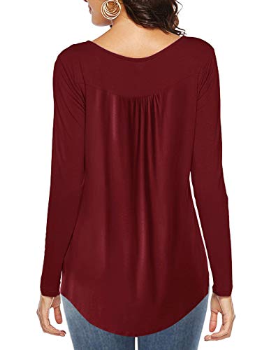 AMCLOS Womens Solid Tops V Neck T-Shirts Swing Ruffle Blouses Button up Tunic Casual Flowy Loose Long Sleeve(Wine Red,XL)