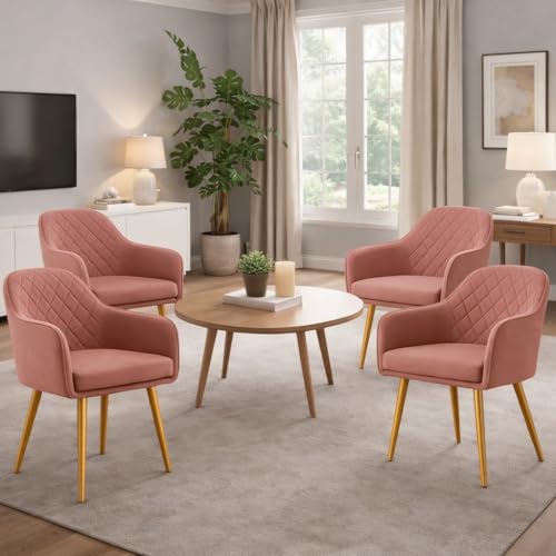 Image of Barfi Velvet Dining Chair | Set of 2 Premium Accent Chair with Armrest, Padded Seat and Metal Legs | Comfy Chair for Home, Office & Restaurents | (Pink Set of 4)