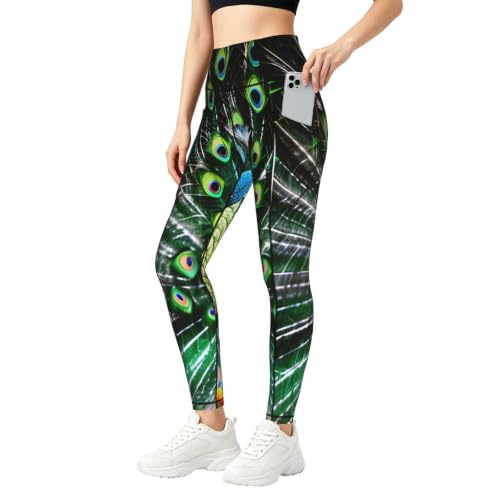 Pantalones de yoga para mujer con estampado de pavo real y bolsillos laterales