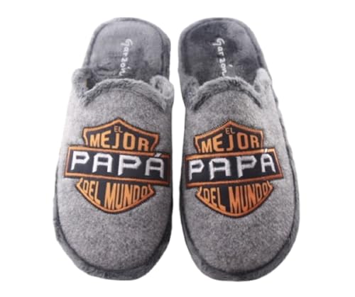 Garzon - Zapatillas Casa para Hombre de invierno. Dibujo “MEJOR PAPA DEL MUNDO”. Suela especial parquet. Color: Gris Talla: 42