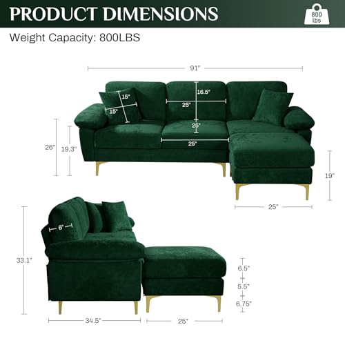 Image of OUYESSIR L Shaped Sectional Sofa Couch, 3 Seat Velvet Sofa with Ottoman and Pillows, Upholstered Comfy Couch Sleeper for Living Room, Bedroom, 91 inches (Green)