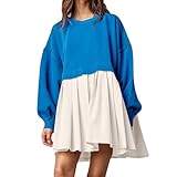 Women's Oversized Sweatshirt Dress, Long Sleeve Crewneck Pullover Tops Patchwork Pleated Pullover Mini Dress (White and Blue,XL)