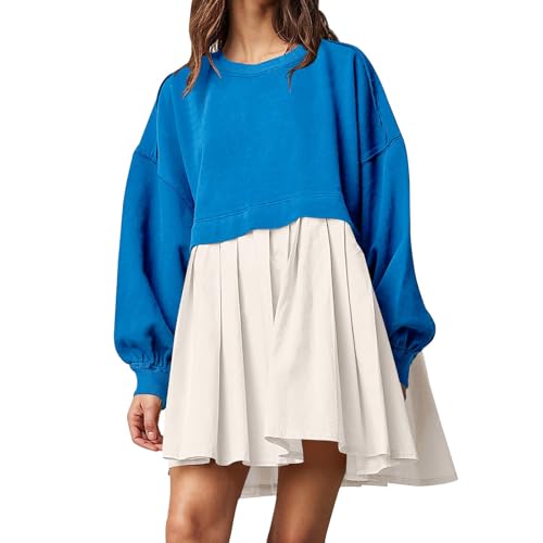 Women's Oversized Sweatshirt Dress, Long Sleeve Crewneck Pullover Tops Patchwork Pleated Pullover Mini Dress (White and Blue,XL)