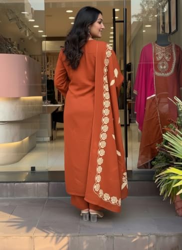 Image of ANNI Designer Women Embroidered Straight Kurta Palazzo Dupatta Set Rayon Viscose Kurti Pant Set Ladies Ethnic Wear for Office Festive Daily Use