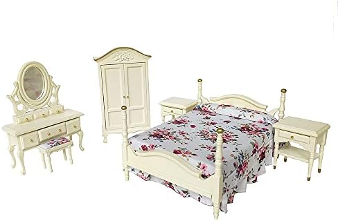 iLAND Wooden Dollhouse Furniture 1/12 Scale, Dollhouse Bedroom Furniture in Cream Color incl Dollhouse Bed & Dressing Table & Wardrobe (Elegant Miniature Furniture 6pcs)
