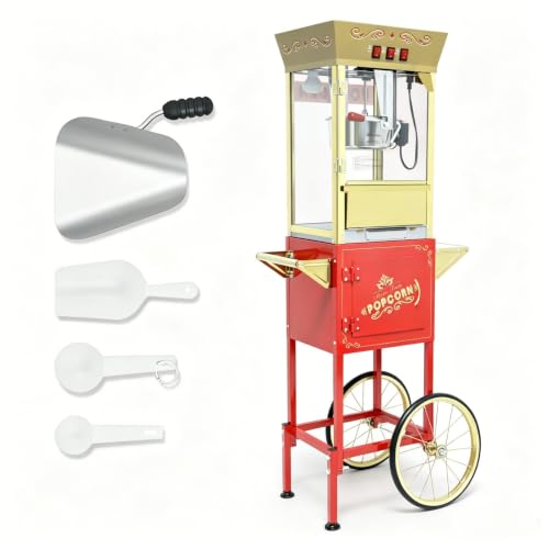 Image of Trygoal Popcorn Machine with Cart, 12 Oz Kettle, Vintage Popcorn Maker with Storage Cabinet, Scoop & 3-Switch Control, Movie Theater Style Popper for Party, Red