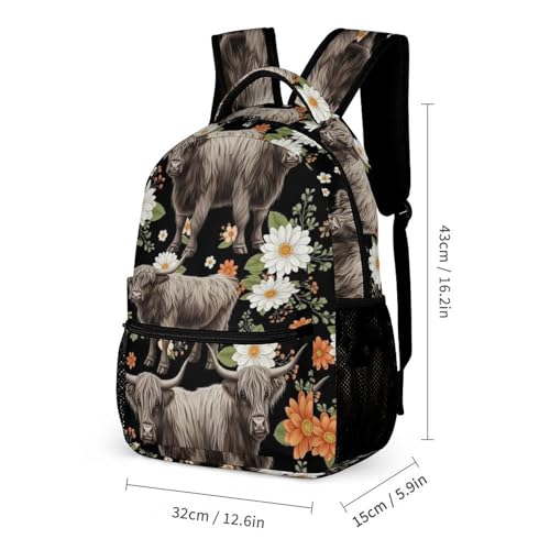 Backpack Bookbag Set Floral Cattle Highland Cow (3) Backpack with Lunch Bags and Makeup Bag Shoulder Bag with Lunch Box Storage Bags2