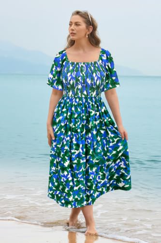 Image of RITERA Plus Size Dresses for Curvy Women Square Neck Short Sleeve Summer Floral Smocked Maxi Dress with Pocket XL-5XL